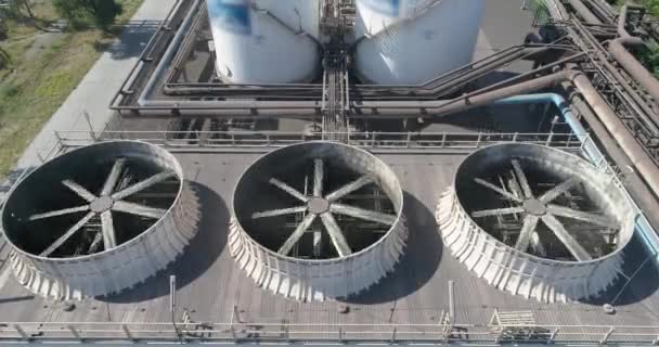 Cooling fans at the plant aerial view. Cooling system in a factory aerial view. Big industrial fan — Stock Video