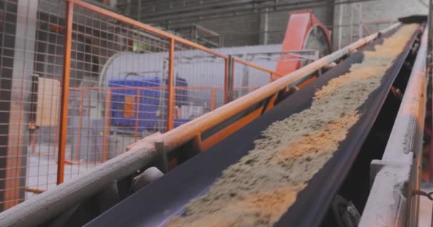 砂と金属ボールとコンベアベルト。工場のコンベヤベルトライン — ストック動画