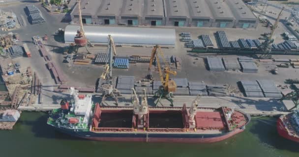 Nave da carico a secco in porto vista dall'alto. Esportazione di merci secche, spedizione — Video Stock