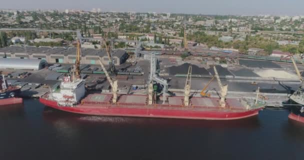 Dry cargo ship at the port. Port crane loads cargo into a dry cargo ship — Stock Video