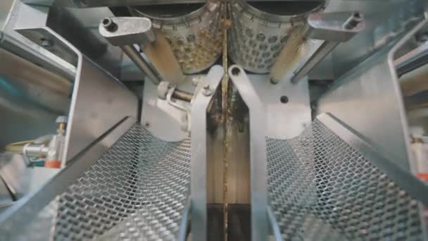 Transportörslina med tabletter. Tillverkningsprocessen av droger i en fabrik. Tillverkning av tabletter i en modern fabrik. — Stockvideo