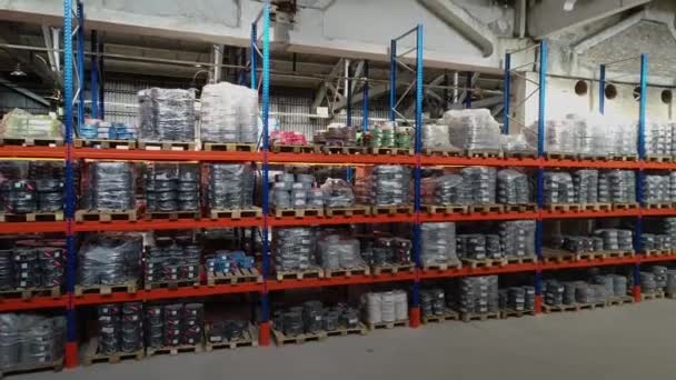 Warehouse of a cable factory. large modern warehouse, industrial interior — Stock Video