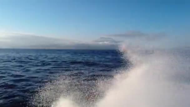 Big spray from a motor boat. A motor boat swims quickly into the sea and creates large splashes — Stock Video