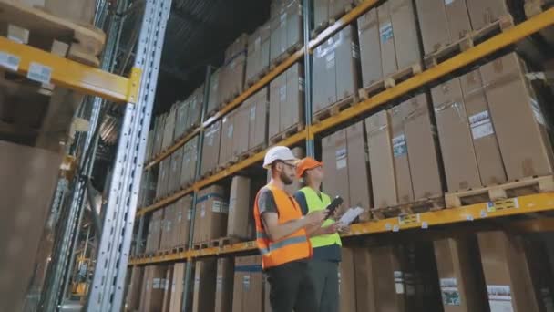 Dois trabalhadores num armazém estão a discutir o trabalho. Engenheiros em um armazém de fábrica — Vídeo de Stock