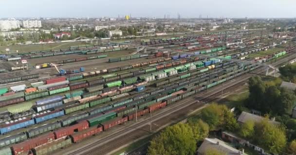 Gran depósito ferroviario industrial vista superior. Vuelo sobre la estación ferroviaria. Trenes de mercancías en el depósito — Vídeo de stock