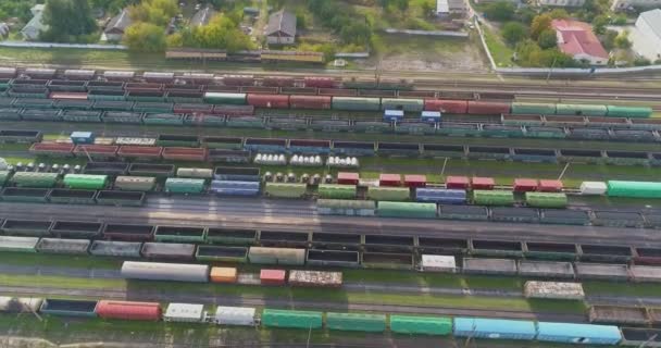 A lot of freight trains top view. freight trains top down view. Flying over the railway station with freight trains — Stock Video