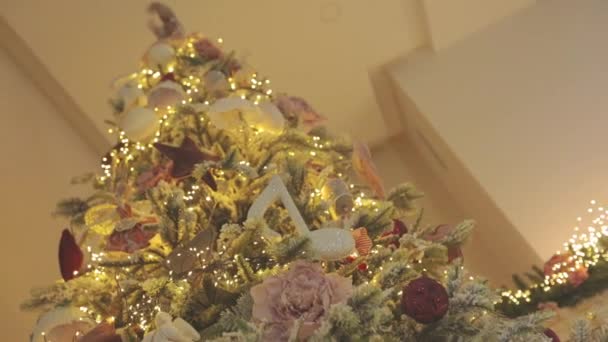 Gros plan des décorations sur le sapin de Noël. Arbre de Noël. Arbre de Noël élégant — Video