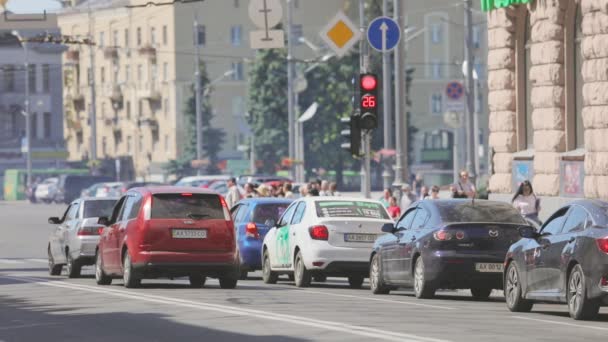 Czerwone światło drogowe. Samochody na rozdrożu. Skrzyżowanie w metropolii — Wideo stockowe