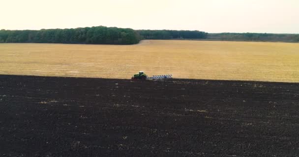 De trekker werkt in het veld. Hij vloog over een tractor die in het veld werkte. Tractor ploegt het veld vanuit de lucht. Vlieg over het veld met een tractor — Stockvideo