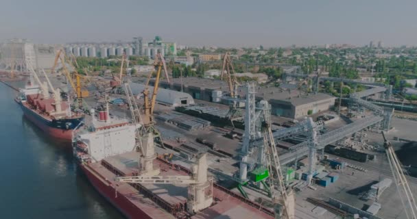 Carga de buques de carga en puerto marítimo, vista aérea — Vídeo de stock