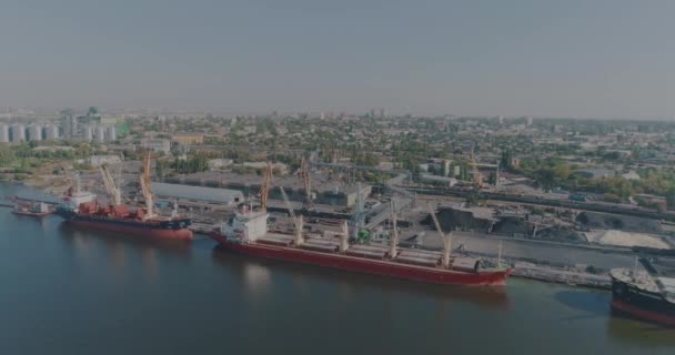 Buques de carga en el puerto, grandes barcos y grúas en el puerto. Vista panorámica desde el aire en un gran puerto industrial — Vídeo de stock