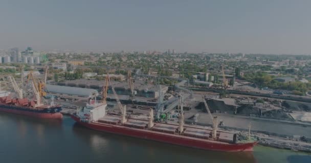 Навалочные перевозчики в морском порту, суда для перевозки сыпучих грузов генерального плана — стоковое видео