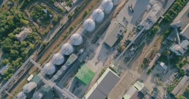 Silos z ziarnem. Widok zbiornika ziarna z góry. Przechowywanie ziarna w dużych szczelinach widok z lotu ptaka — Wideo stockowe