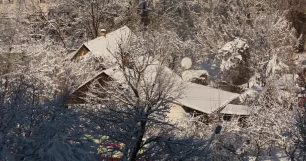 Landhuis in de sneeuw. Snowy landhuis. De winter is in de woestijn. Huis in de sneeuw tussen de bomen — Stockvideo
