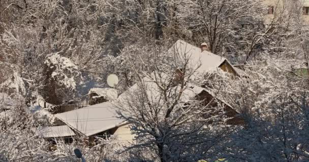 Landhaus im Schnee. Verschneites Landhaus. Der Winter ist in der Wüste. Haus im Schnee zwischen den Bäumen — Stockvideo