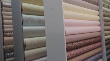 Yeni örneklerle ayakta duruyor. Duvar kağıdıyla yuvarlanıyor. Duvar kağıdı örnekleriyle birlikte dükkanda duruyor. Desenli duvar kağıdı