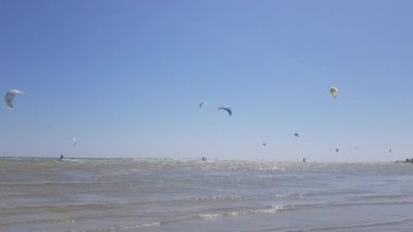 İnsanlar uçurtma sörfü yapıyor. Denizde kaykay yapmak. İnsanlar su üstünde sörf yapar.