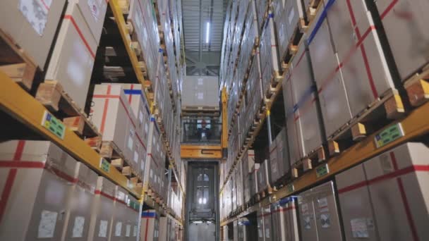 Büyük bir sanayi deposu, depoda makinelerin hareketi, Forklift depodaki kutuları yeniden düzenliyor. — Stok video