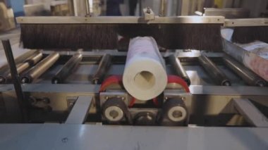 Taşıyıcı hat üzerinde bir rulo duvar kağıdı. Duvar kağıdı rulosu. Duvar kağıdı fabrikasında taşıma hattı