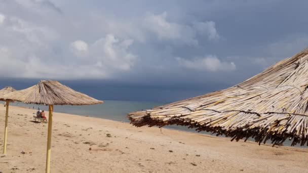 Parapluies sur la plage, parasols sur une plage de mer vide. Parapluie paille plage mer vide — Video