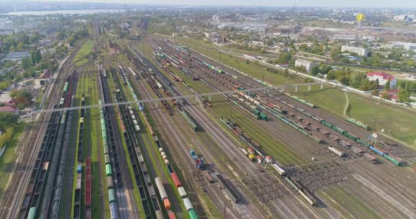 Treinen staan geparkeerd bij het depot bij de spoorwegkruising. Veel gekleurde treinen. Groot industrieel spoorwegdepot. — Stockvideo