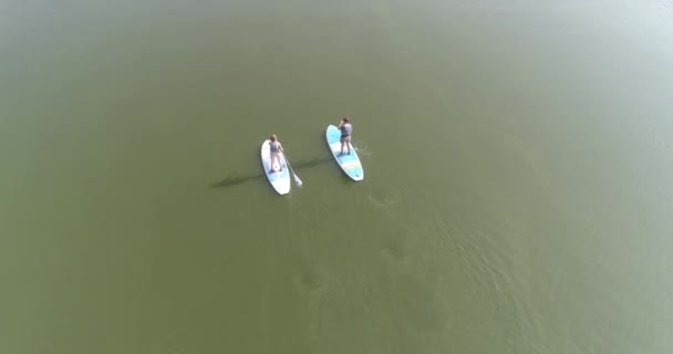 Dwóch pasażerów SUP unosi się na widoku jeziora. Para sap bordyści unosi się na widok góry rzeki. Dwie deski SUP w jeziorze. — Wideo stockowe