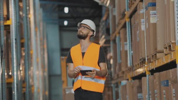 Trabajador en un casco en un almacén. El gerente del almacén inspecciona el almacén. Un hombre en un almacén moderno. — Vídeos de Stock