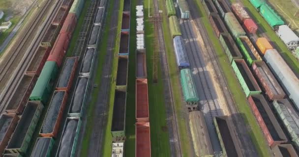 Groot industrieel spoorwegdepot. Treinen staan geparkeerd bij het depot bij de spoorwegkruising. Veel gekleurde treinen — Stockvideo