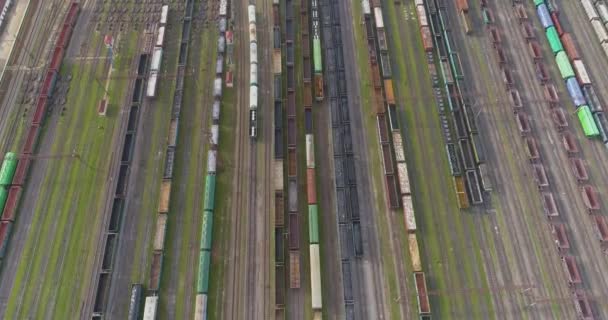 Spoorverbinding met veel rails bovenaanzicht. Gekleurde treinen staan in een groot spoorwegdepot — Stockvideo