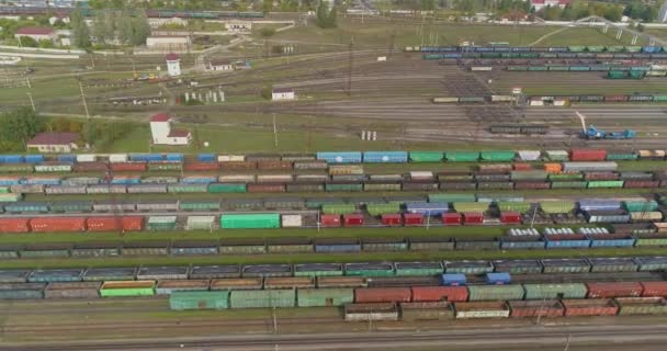 Gran estación de tren vista superior. Muchos trenes de carga en color en el depósito ferroviario — Vídeo de stock