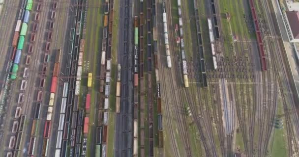 Grande vista aérea da junção ferroviária. Há muitos trens no depósito ferroviário. Depósito com um grande número de linhas ferroviárias e trens de carga — Vídeo de Stock