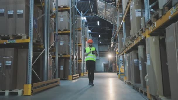 Un trabajador camina por las filas del almacén. Interior industrial. — Vídeos de Stock