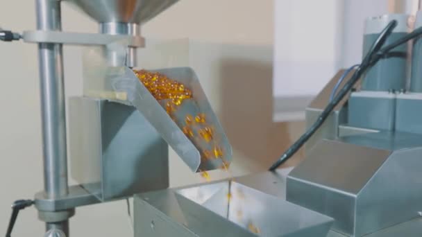 Vervaardiging van tabletten in een gelatineachtige shell close-up. Productie van tabletten in een moderne fabriek. Drugsfabricageproces in fabriekstransportlijn met tablet — Stockvideo