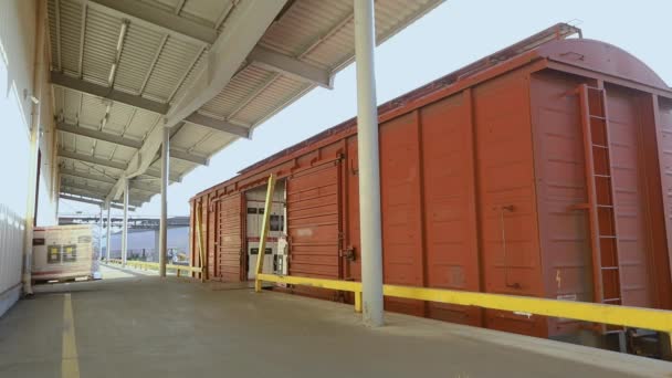 Un grande magazzino, carrello elevatore carichi scatole nel treno merci. Trasporto ferroviario — Video Stock