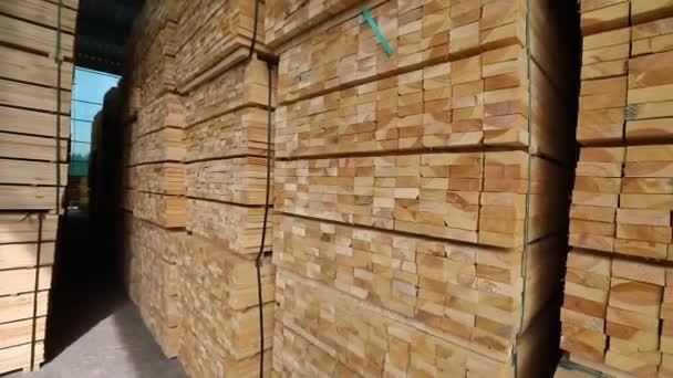 Almacén de madera, filas de barras de madera en un almacén, un gran almacén moderno — Vídeos de Stock