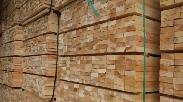 Wood processing. Warehouse of timber, rows of wooden bar in the warehouse, large modern warehouse — Stock Video