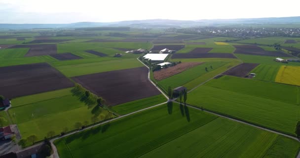農業、ヨーロッパ農業、手入れの行き届いた畑、トップビュー、農家のカラフルなフィールド — ストック動画