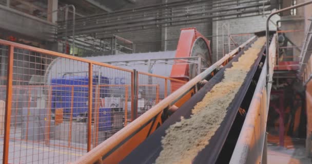 砂と金属ボールとコンベアベルト。工場のコンベヤベルトライン — ストック動画