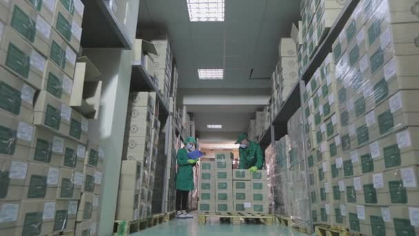 Ett modernt lager i en fabrik. Två arbetare i ett fabrikslager. Lager med lådor i fabrik — Stockvideo