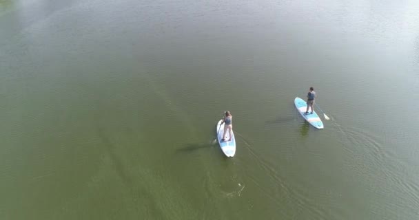 Dos tablas de SUP en el lago. Dos huéspedes de SUP flotan en la vista superior del lago. Un par de bordistas Sap flotan en la vista superior del río — Vídeo de stock