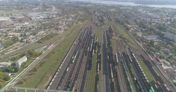 Survolez un grand nombre de trains de marchandises. Il y a beaucoup de trains à un grand carrefour. Trains debout à une jonction ferroviaire vue de dessus — Video