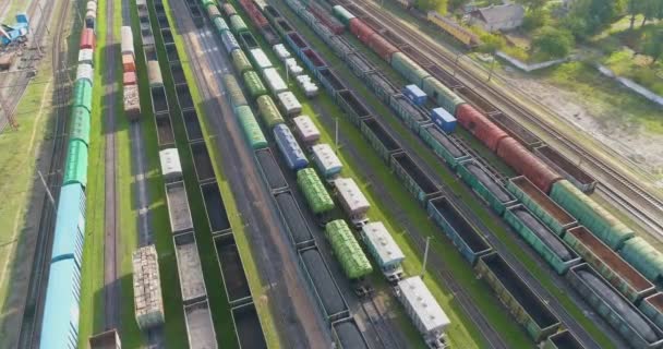 Nagy vonatállomás felülnézetből. Sok tehervonat van a vasútállomáson. — Stock videók