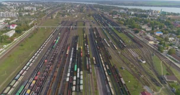 大型鉄道駅の上からの眺め。鉄道駅の多くの貨物色の列車 — ストック動画