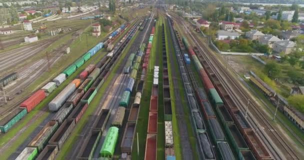 Gran depósito ferroviario industrial vista superior. Vuelo sobre la estación ferroviaria. Trenes de mercancías en el depósito — Vídeo de stock