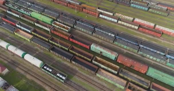 Gran estación de tren vista superior. Muchos trenes de carga en color en el depósito ferroviario — Vídeo de stock