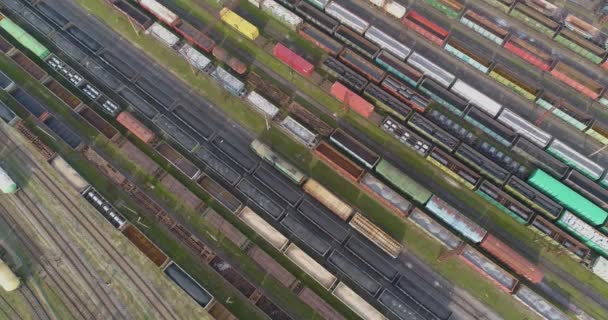 Velká železniční výměna s nákladními vlaky horní pohled. Pohled na nákladní vlaky na železničním uzlu. Létání nad vlaky v depu — Stock video