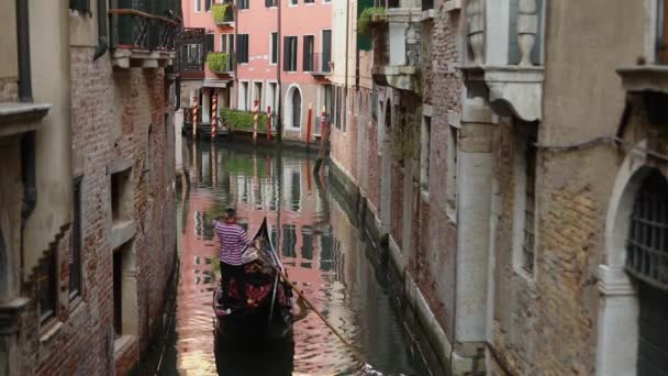 En gondolier bär en grupp turister i en kanal i Venedig. Gondola i en vacker veniskanal. Färgade hus reflekteras i vattnet — Stockvideo