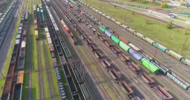 Gran estación de tren vista superior. Muchos trenes de carga en color en el depósito ferroviario — Vídeo de stock