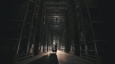 Fabrikada sabah bir adam depodan geçerken ışığı yanıyor. Fabrika deposunun ışıklarını açmak.