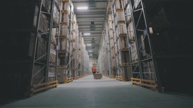 Depodaki ışıkları kapatıyorum. Fabrikada iş gününün sonunda. Turuncu yelekli bir adam depoda kutu taşıyor.